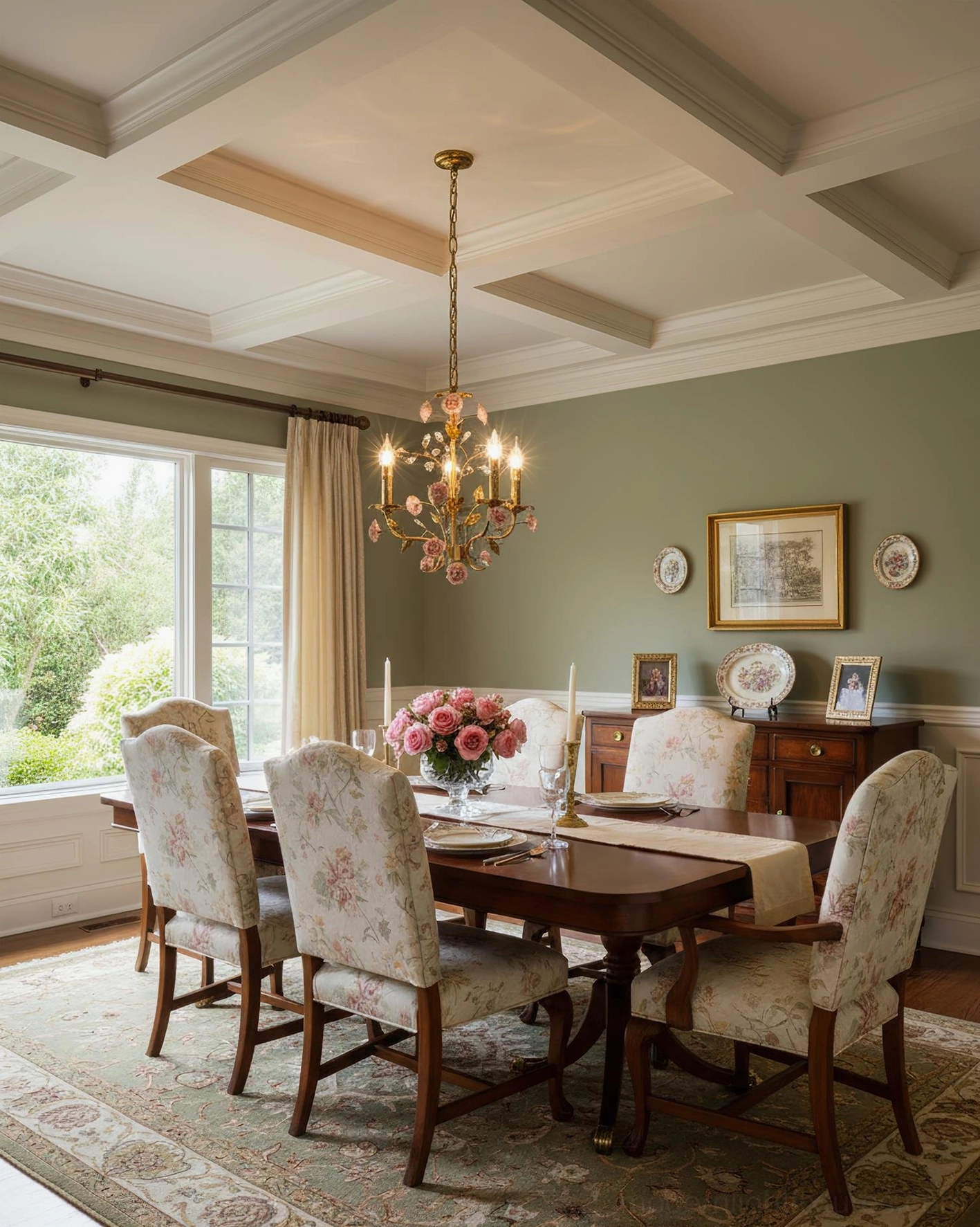 Roselune pendant chandelier with pink roses and brass arms in classic dining space with coffered ceiling