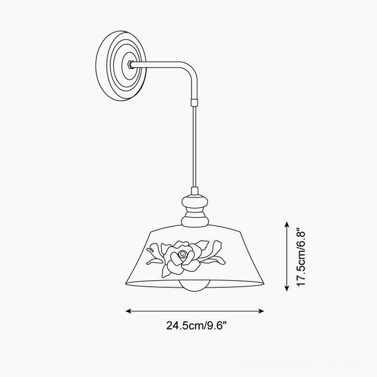 Roselune wall sconce Model A technical drawing schematic with wide dome peony ceramic shade, 24.5cm width specification