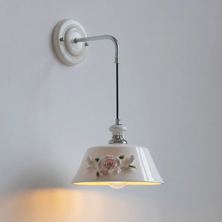 Model A Roselune white ceramic wall sconce with wide peony dome shade and polished chrome metal accents