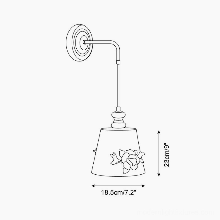 Roselune wall sconce Model B tapered cone design schematic with hand-sculpted floral ceramic shade, 18.5cm by 23cm specifications