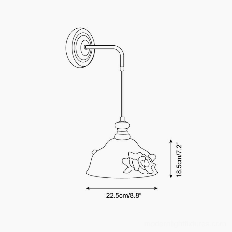 Roselune wall sconce Model C irregular dome design schematic with flower-decorated ceramic shade, 22.5cm width by 18.5cm height