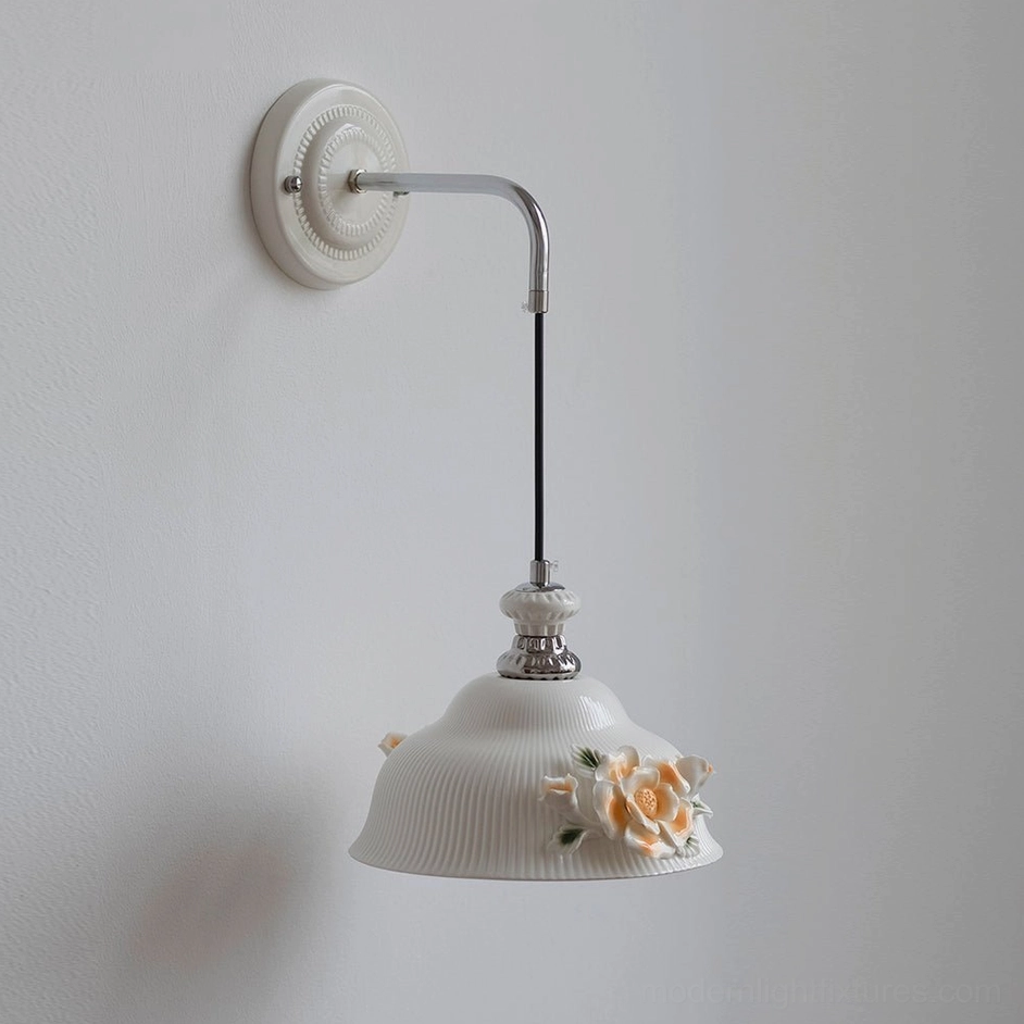 Model C Roselune white ceramic wall sconce with balanced dome proportions and dimensional flower embellishment