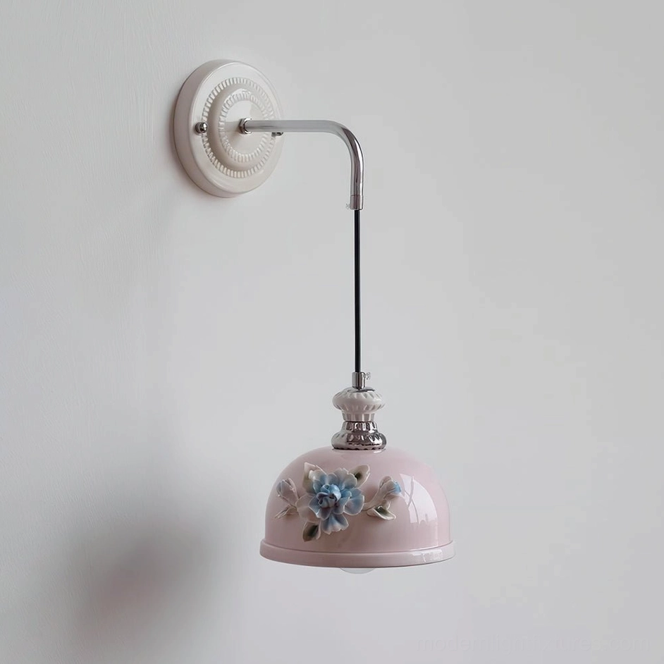 Model D Roselune pink ceramic wall sconce with compact round dome shade and dimensional hand-sculpted flowers
