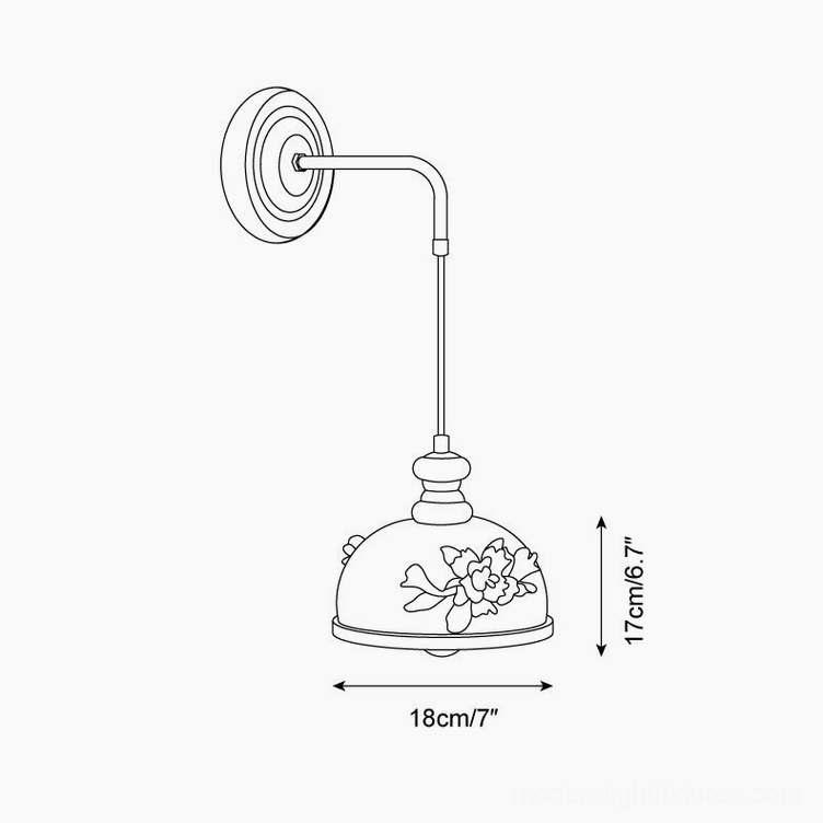 Roselune wall sconce Model D round dome design schematic with low profile floral ceramic shade, 18cm width by 17cm height