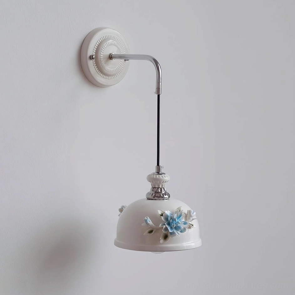 Model D Roselune white ceramic wall sconce with low round dome proportions and hand-crafted floral embellishment