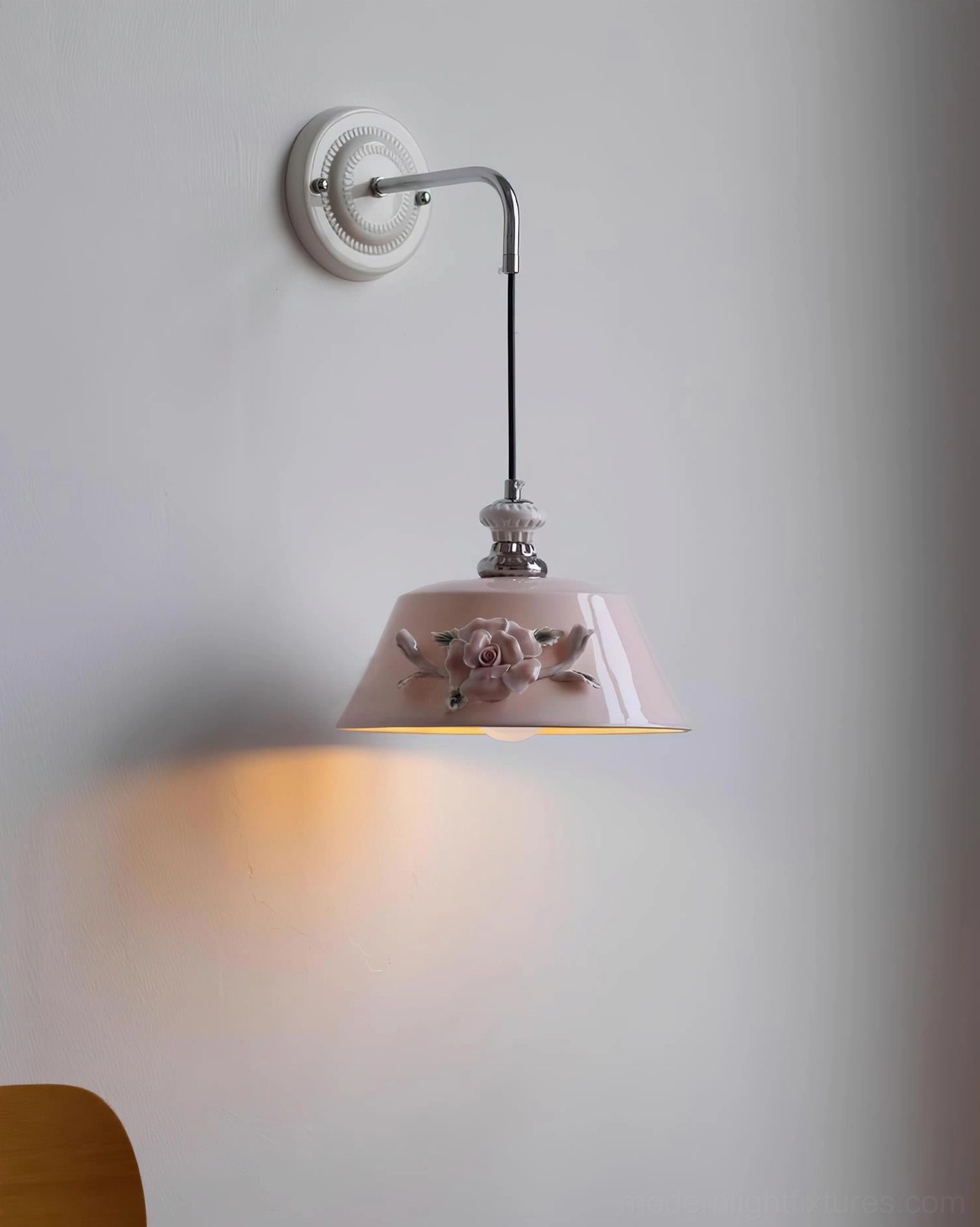 Roselune wall sconce installation detail with polished chrome bracket and hardwired connection specifications
