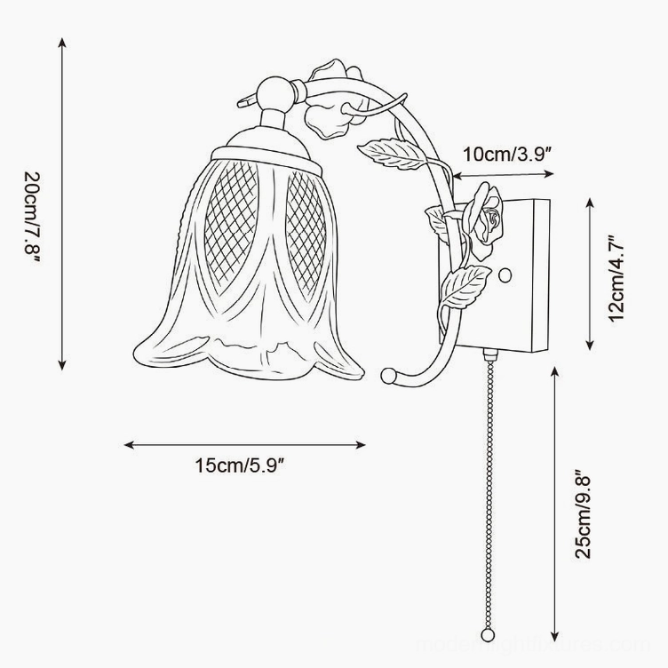 Roseraie Verse technical line drawing front elevation with lily-shaped shade and dimensions