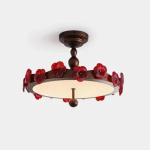 Rosetta bronze floral ceiling lamp with hand-applied red glass flowers on white background, front view