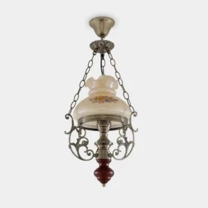 Rosetta vintage pendant light with hand-painted amber glass floral shade and bronze metal scrollwork frame, studio frontal view