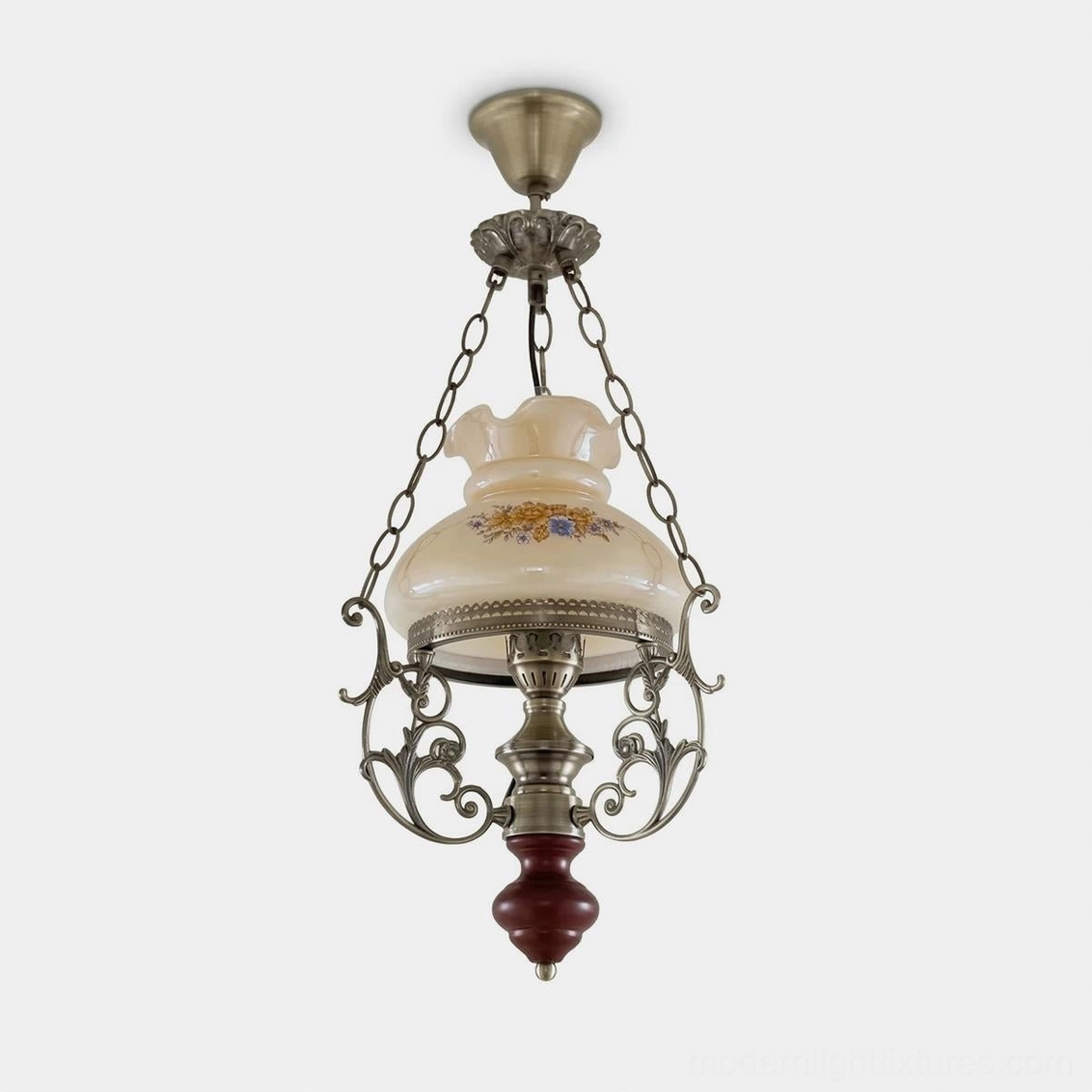 Rosetta vintage pendant light with hand-painted amber glass floral shade and bronze metal scrollwork frame, studio frontal view