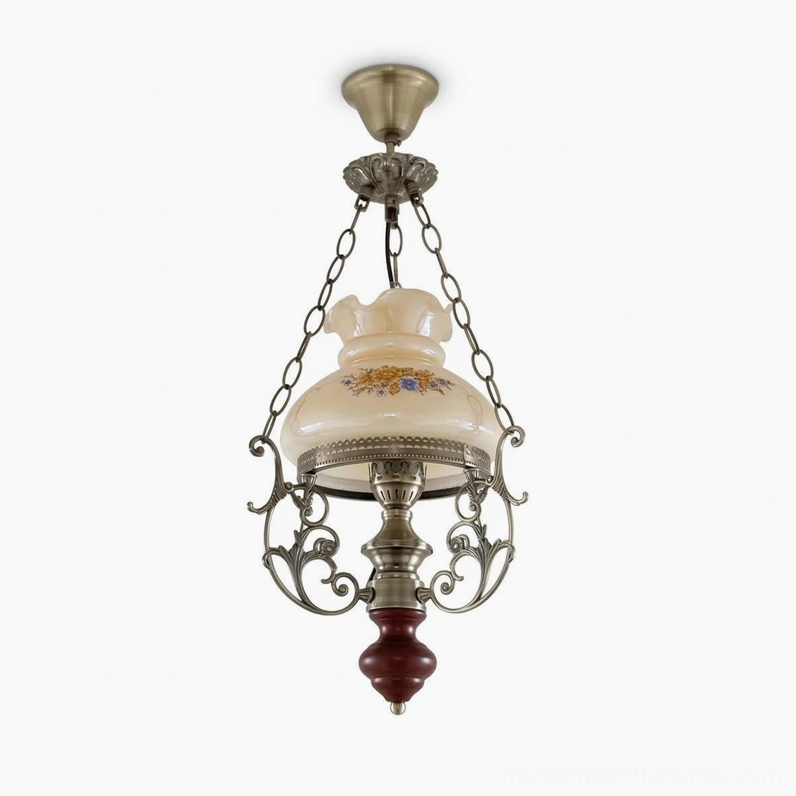 Rosetta vintage pendant lamp illuminated, showing cream glass shade with floral hand-painted details and carved metal frame details