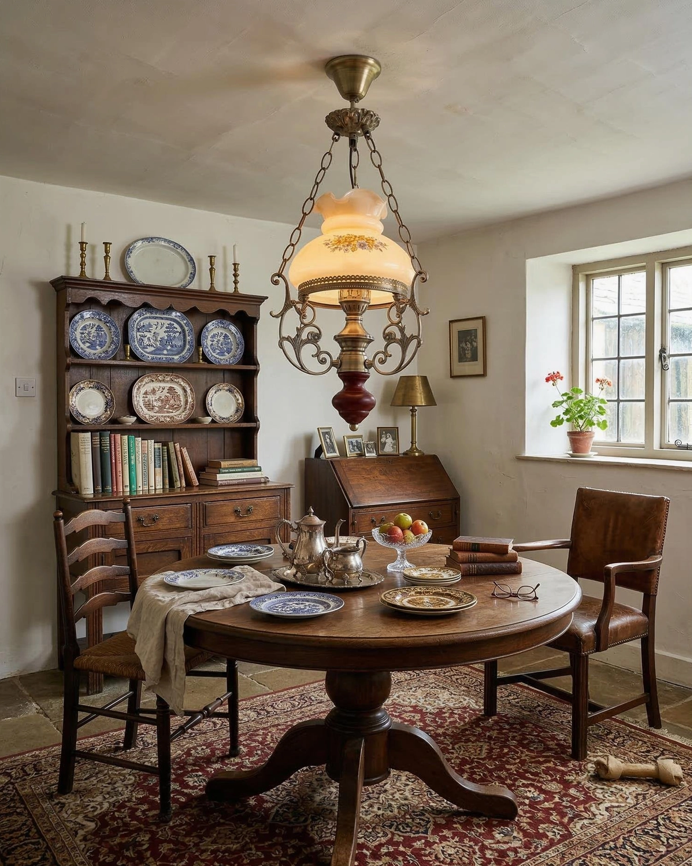Rosetta vintage pendant light eye-level view in cozy rural dining space with round wooden table and display cabinet