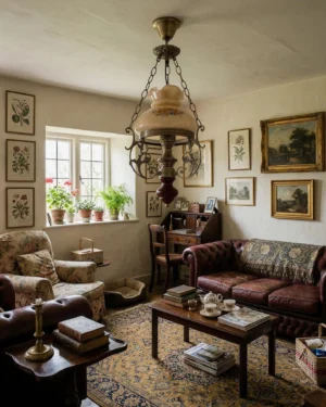 Rosetta vintage pendant lamp illuminated in classic British country living room with leather sofa and patterned area rug, vintage interior design