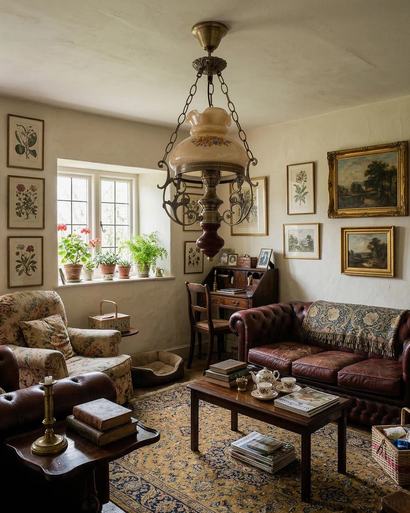 Rosetta vintage pendant lamp illuminated in classic British country living room with leather sofa and patterned area rug, vintage interior design
