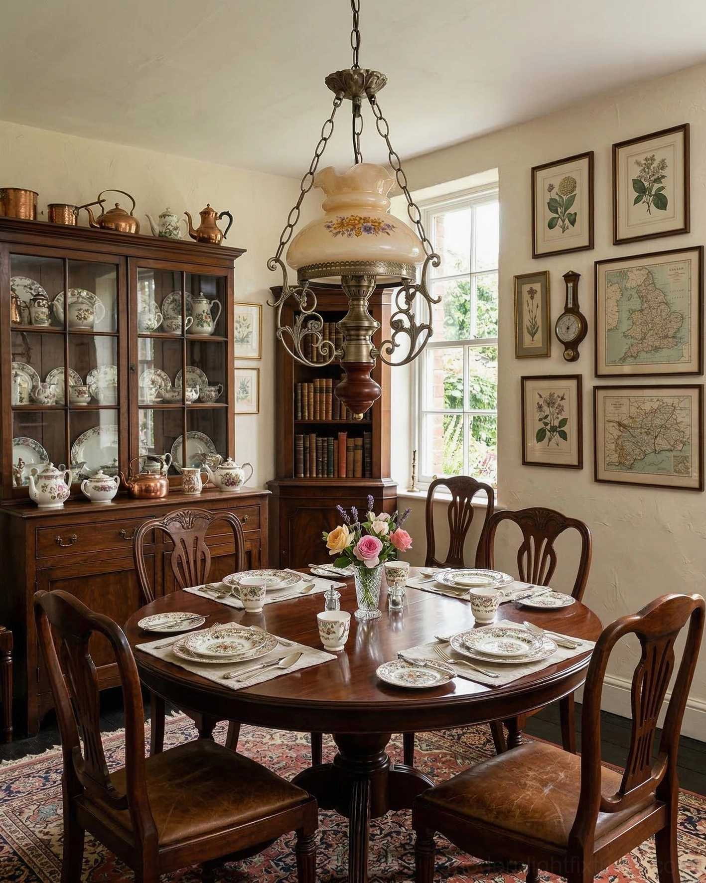 Rosetta hand-painted pendant lamp hanging above formal country dining room table with porcelain place setting and vintage wall art