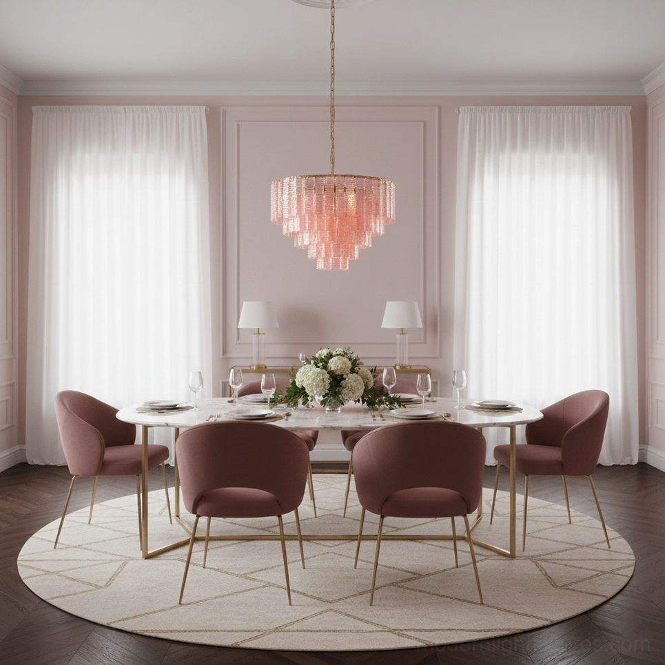 Rosewater tiered chandelier ambient lighting view - soft warm glow from cascading pink glass tiers, modern pendant fixture in interior setting