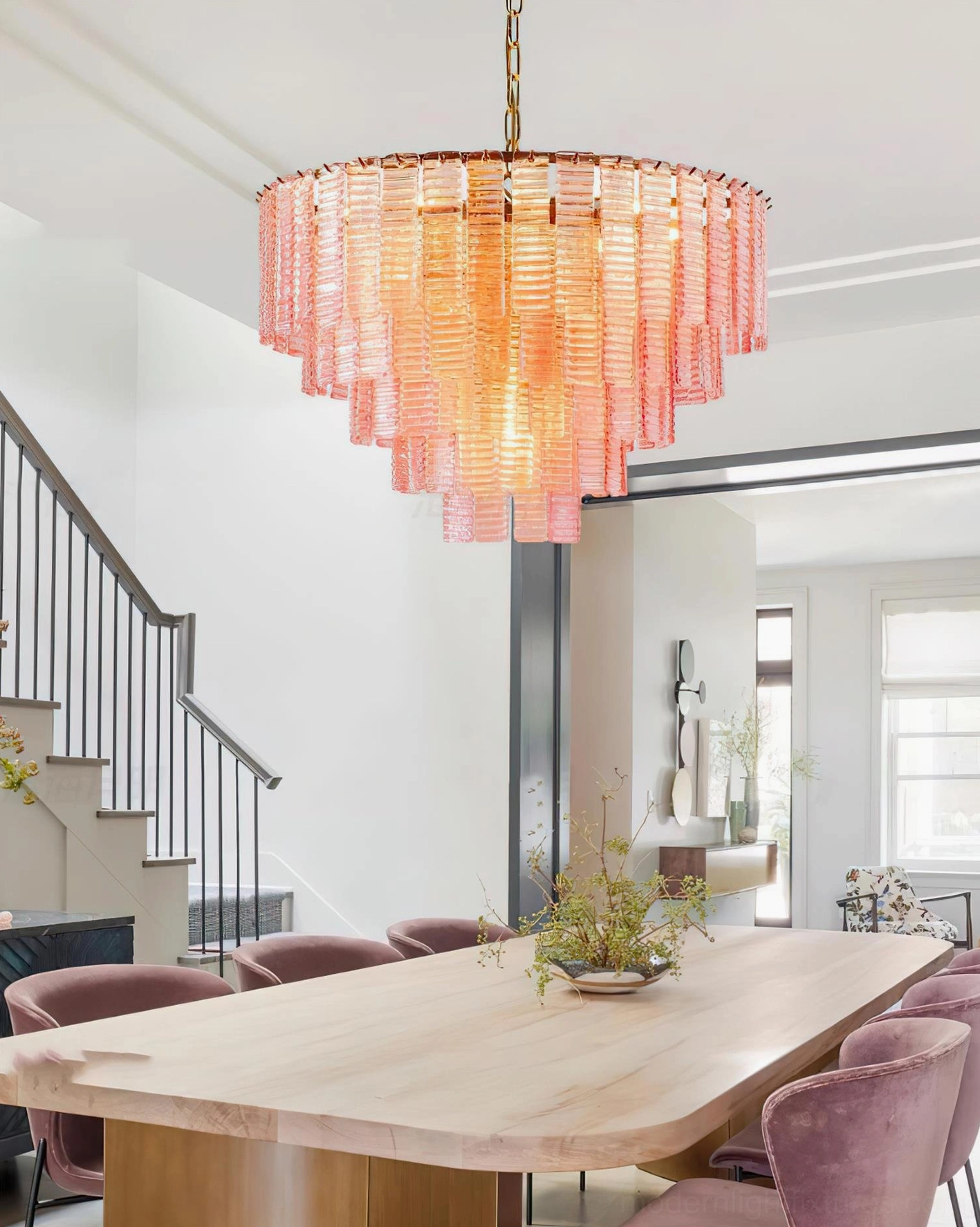 Rosewater tiered chandelier artistic view - cascading glass tiers creating sculptural pendant light, contemporary fixture design