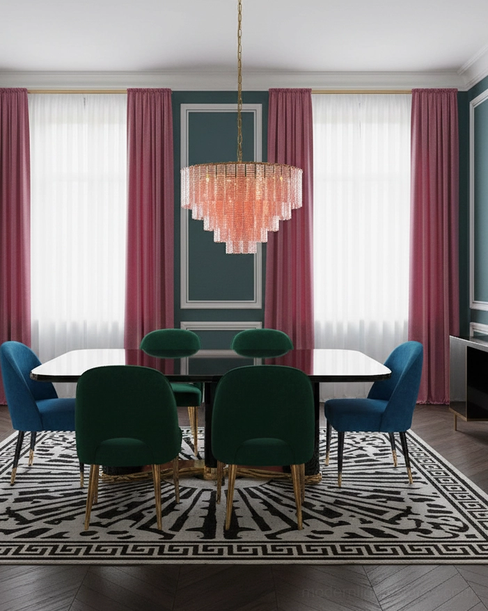 Rosewater tiered glass chandelier detail view - fluted pink glass construction with gold metal framework, layered pendant light design