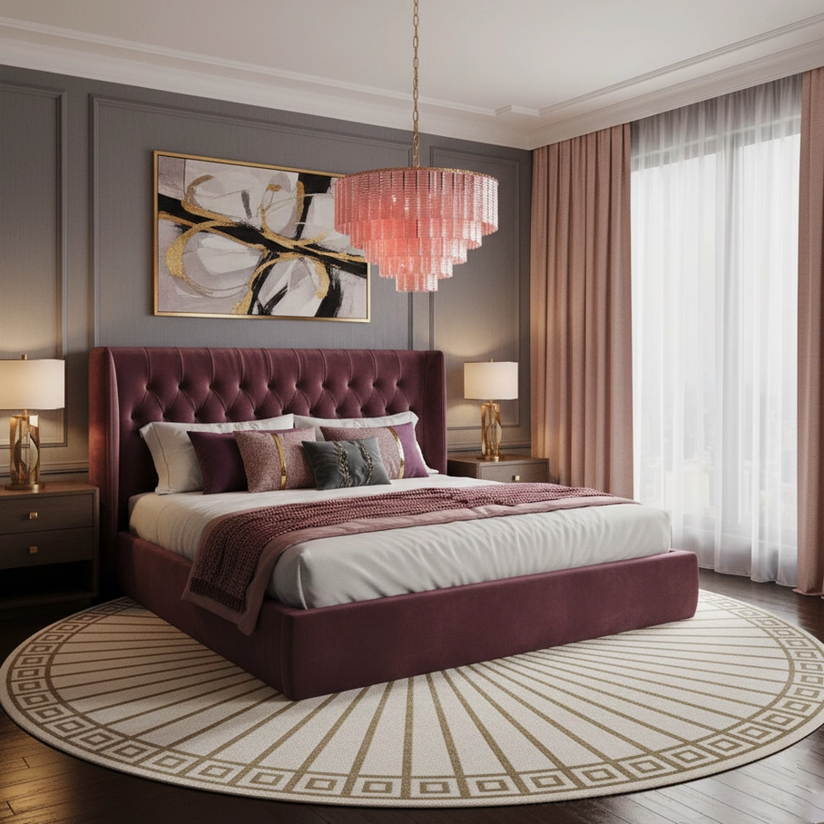 Rosewater tiered glass chandelier front view - symmetrical cascading glass tiers with warm romantic glow, contemporary pendant lighting design