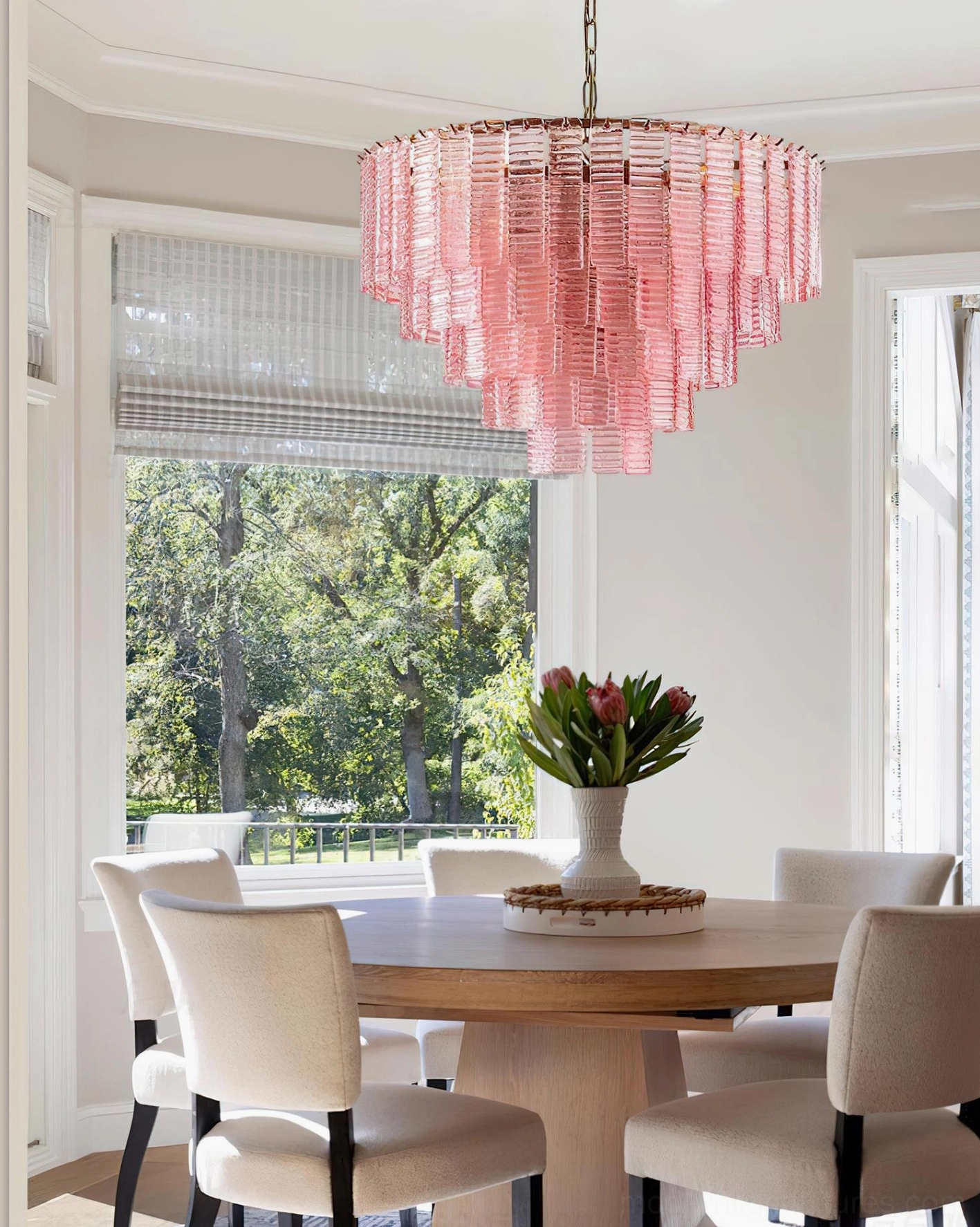 Rosewater tiered glass chandelier full fixture view - complete pendant assembly with all tiers, gold metal frame, and hanging chain