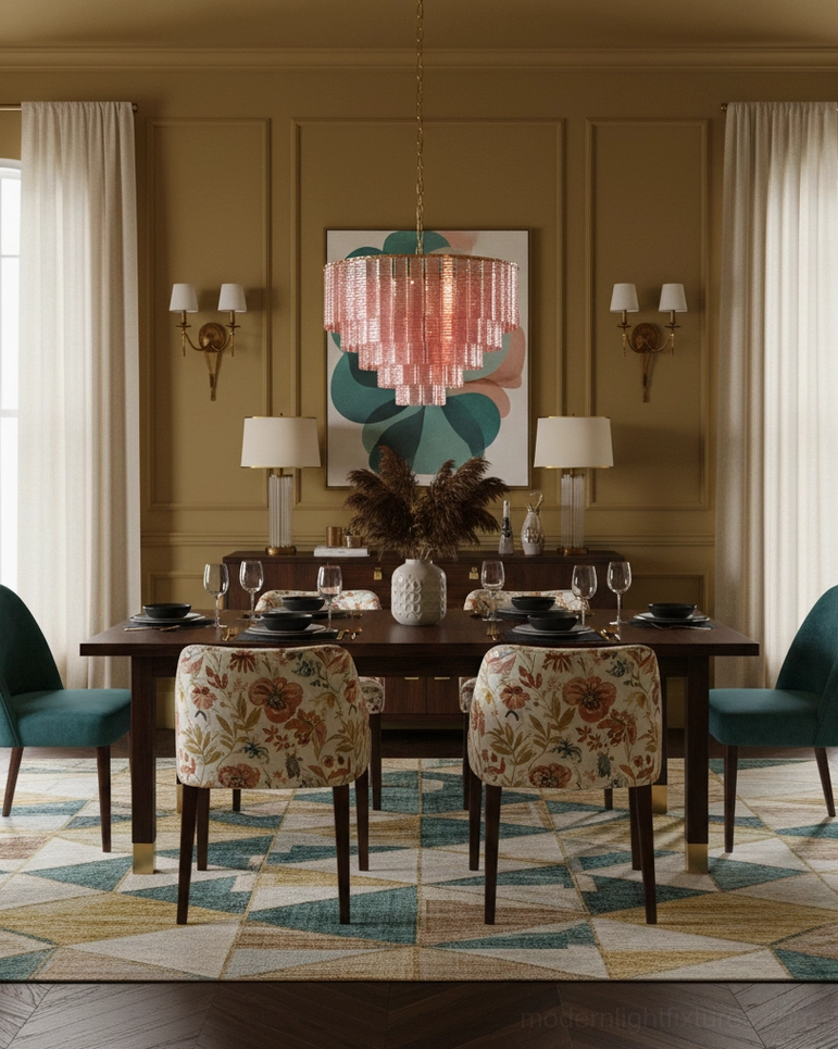 Rosewater tiered chandelier fluted glass detail - textured pink glass construction showing individual tier separation, pendant light fixture