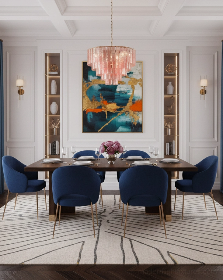Rosewater tiered chandelier hanging installation - multiple pink glass tiers suspended with gold chain, modern pendant light in residential space