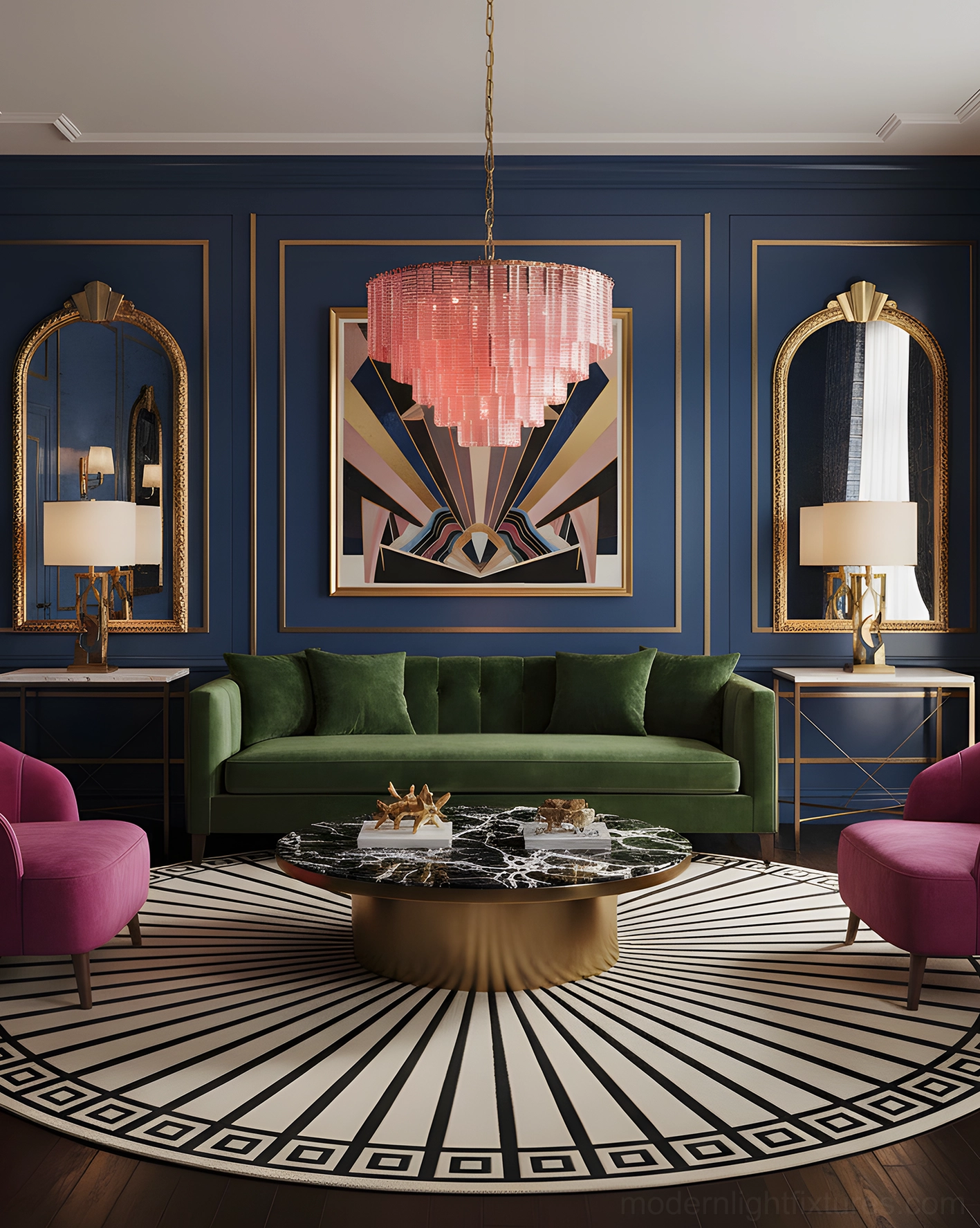 Rosewater tiered glass chandelier in luxury living room setting - art deco style pendant with pink fluted glass, dark blue walls, green velvet sofa