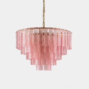 Rosewater tiered pink glass chandelier overhead view - modern pendant light fixture with multiple cascading glass tiers and gold metal frame