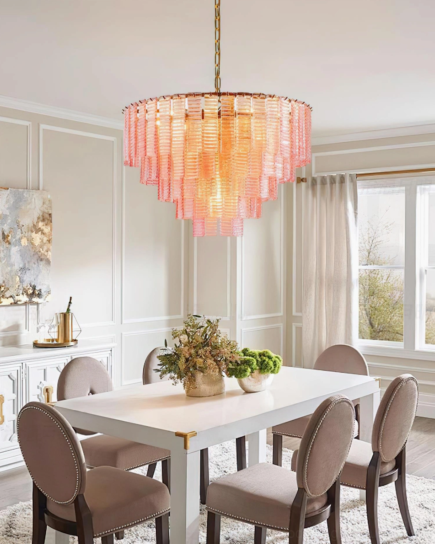 Rosewater tiered chandelier large scale model - statement-sized pink glass pendant light fixture for grand dining rooms and luxury interiors
