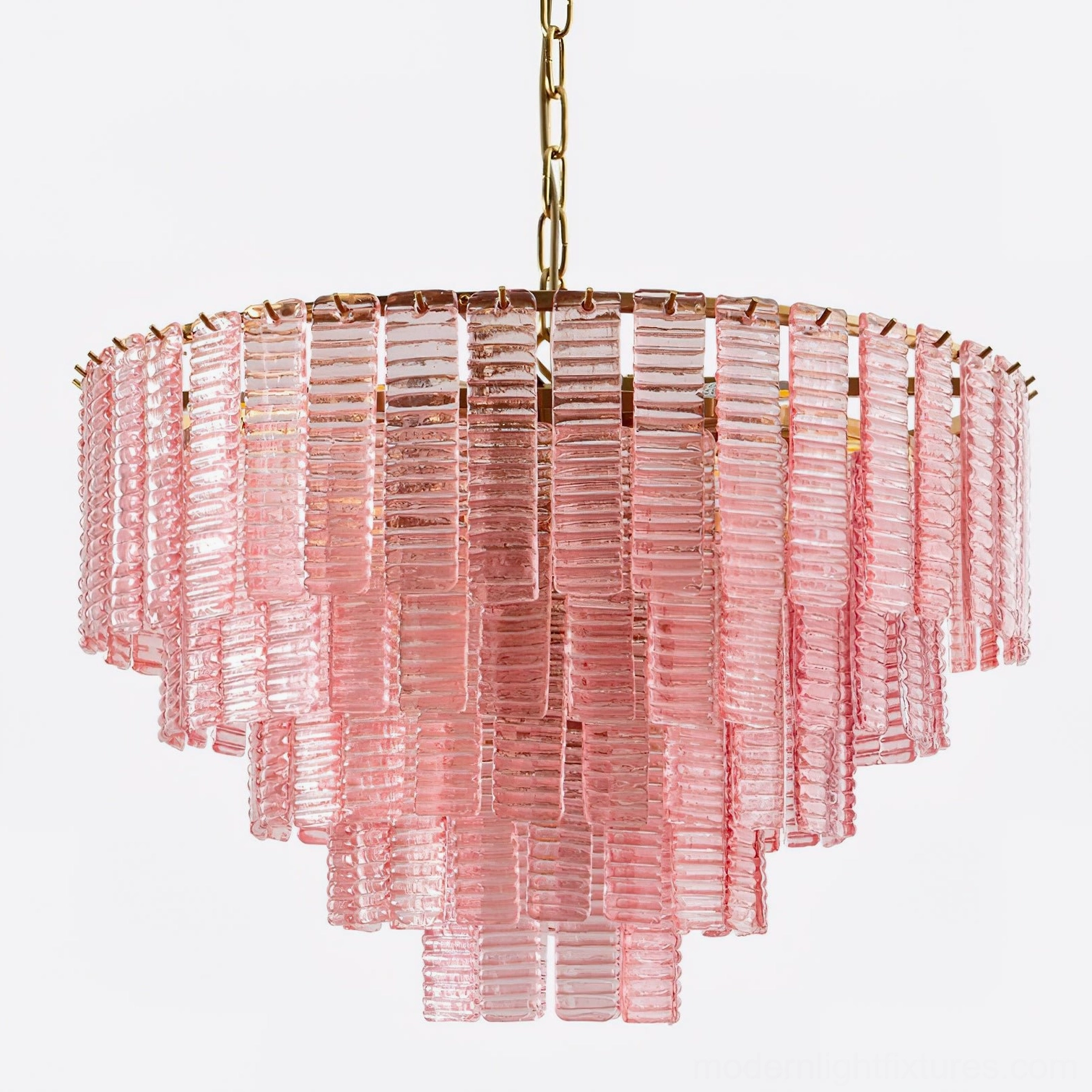 Rosewater tiered glass chandelier primary product image - cascading pink fluted glass tiers with gold accents, modern pendant light fixture