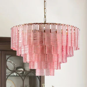 Rosewater tiered glass pendant chandelier three-quarter view - fluted pink glass layers with rose gold metal framework in luxury interior setting