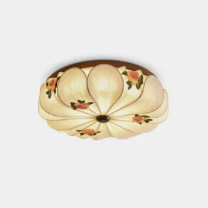 Rosienne embroidered rose flush mount ceiling light with solid-wood rim and linen petal shade, front studio view