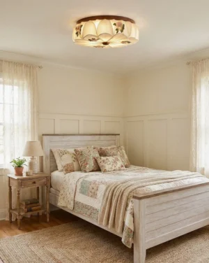 Rosienne cottage ceiling light installed in vintage master bedroom creating warm ambient glow above wooden furniture