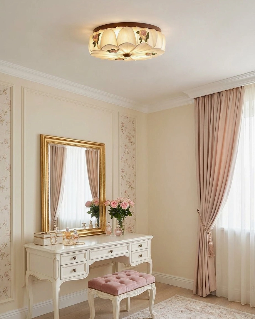 Rosienne floral ceiling fixture in French-country style vanity room with neutral warm decor and mirrors