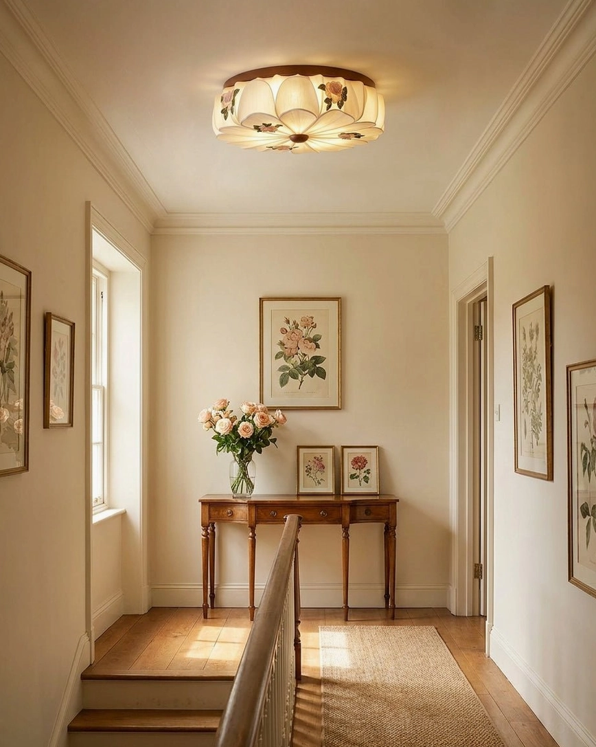 Rosienne rose flush mount ceiling light in residential hallway with coordinating floral wall art and staircase