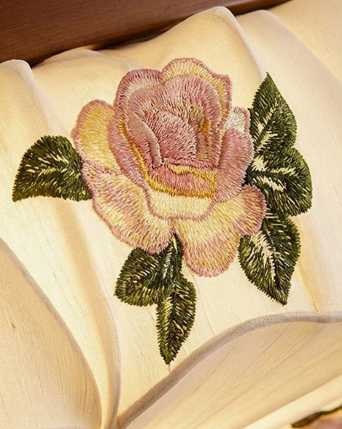 Rosienne flush mount ceiling light displaying linen shade construction with embroidered pink roses and green leaves