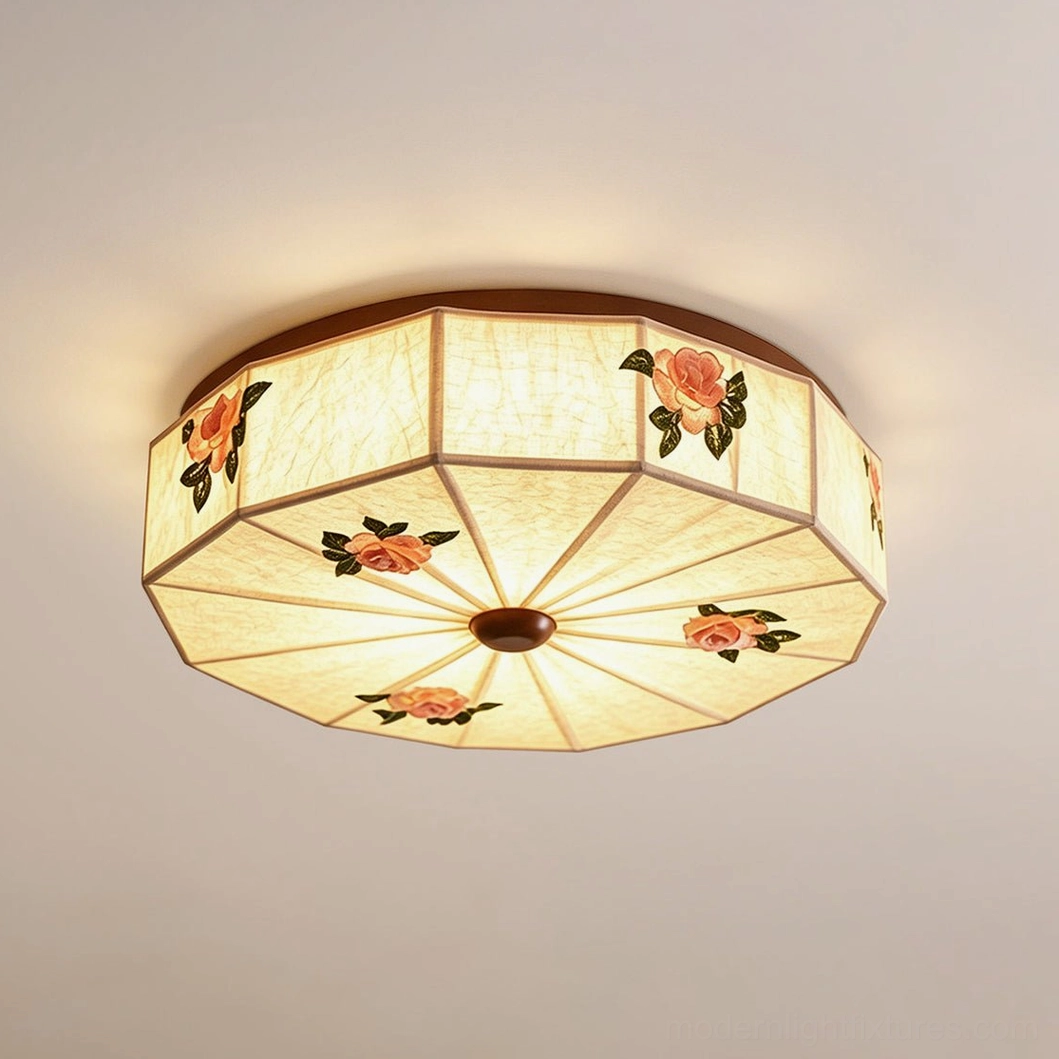 Rosienne Model A faceted panel shade—angular octagonal drum with embroidered rose panels and solid-wood rim