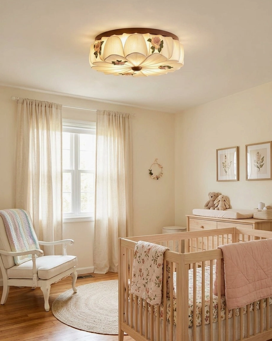 Rosienne romantic ceiling flush mount in soft warm nursery with pastels and botanical-themed baby room decor