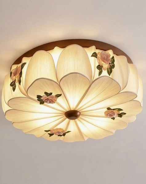 Rosienne embroidered rose linen ceiling shade with solid-wood rim and dark-wood central mounting cap, oblique angle view
