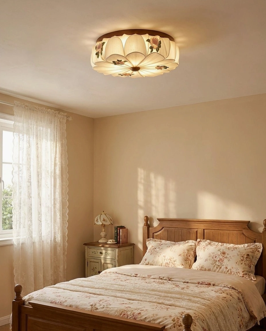 Rosienne petal-shaped flush mount light in traditional wooden bedroom with cozy pastoral home styling