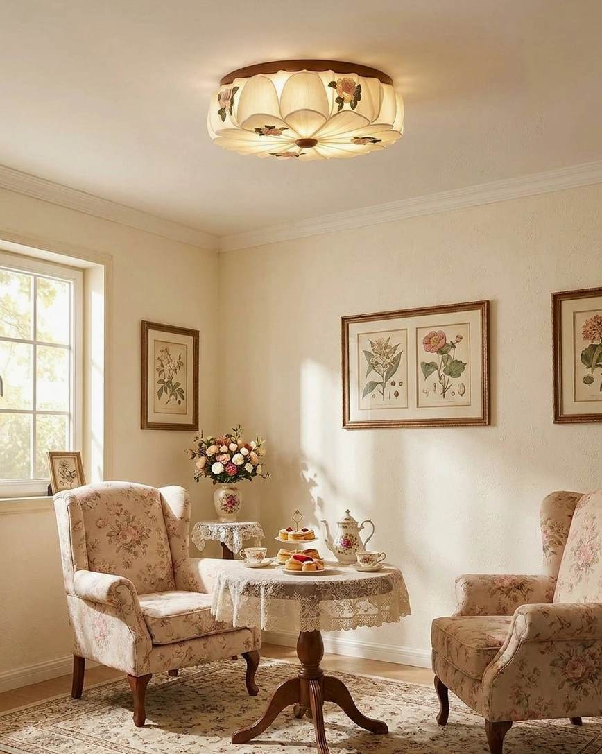 Rosienne floral ceiling lamp in vintage sitting area with matching embroidered upholstered seating furniture