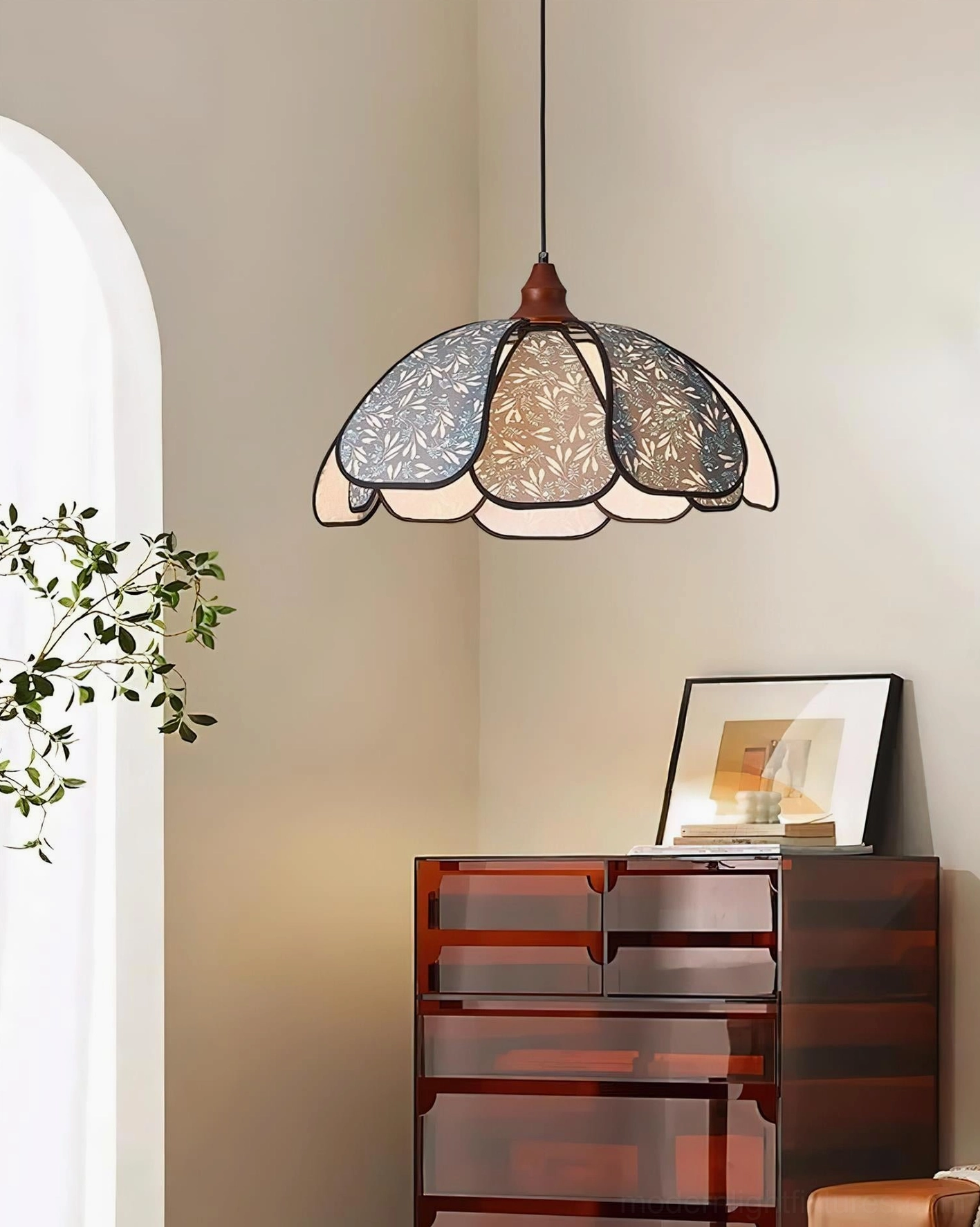 Rosmira floral pendant lamp over entryway dresser with arched doorway and dark wood furniture pairing