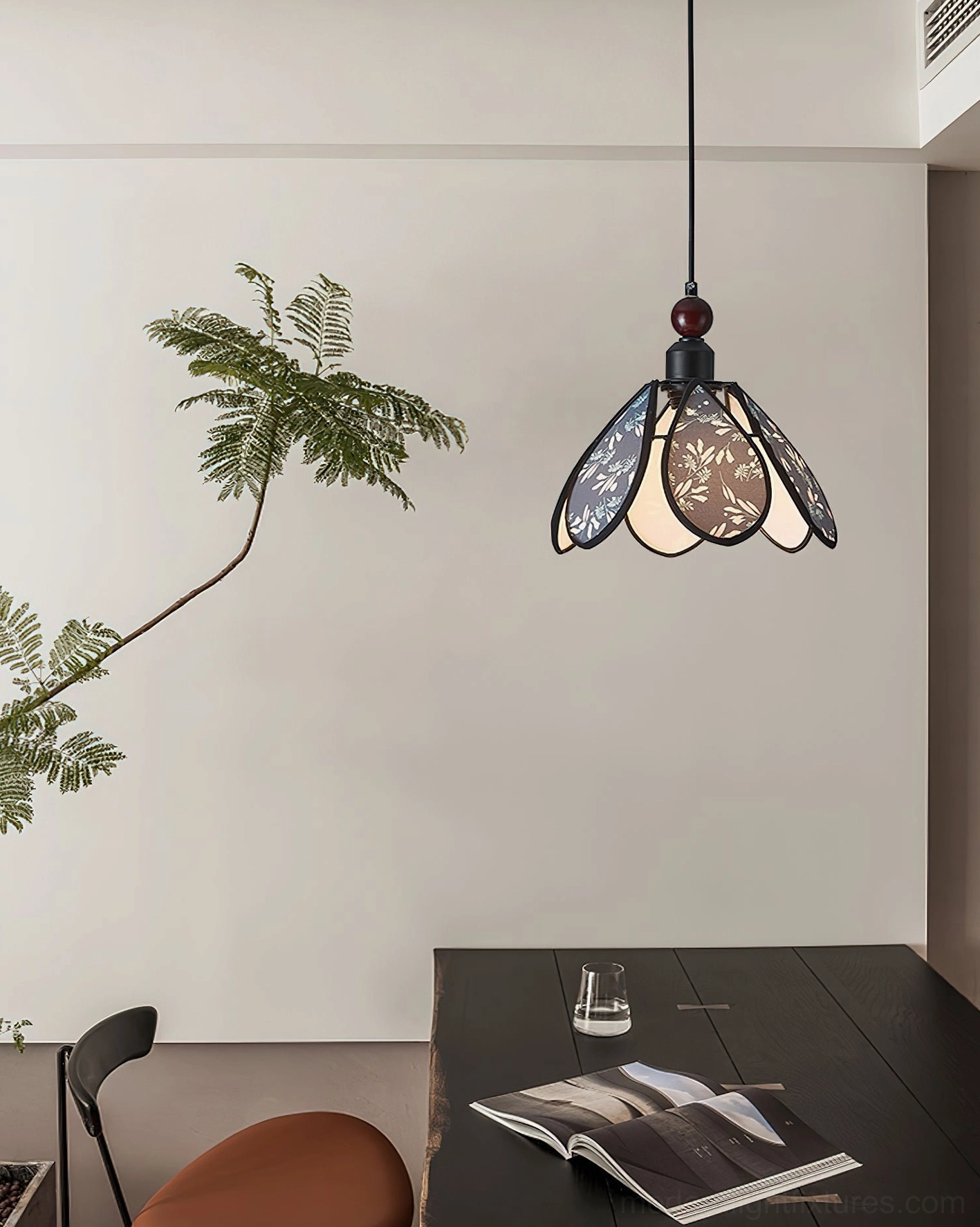 Modern floral scalloped pendant light installation example, suspended in residential living room with contemporary decor