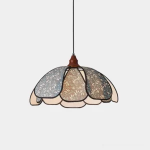 Rosmira floral pendant light with scalloped fabric shade, direct front studio view showing black hanging cord and wood fixture