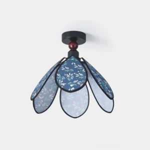 Rosmira floral petal ceiling light fixture with blue fabric shades and black metal hardware, front view against white background