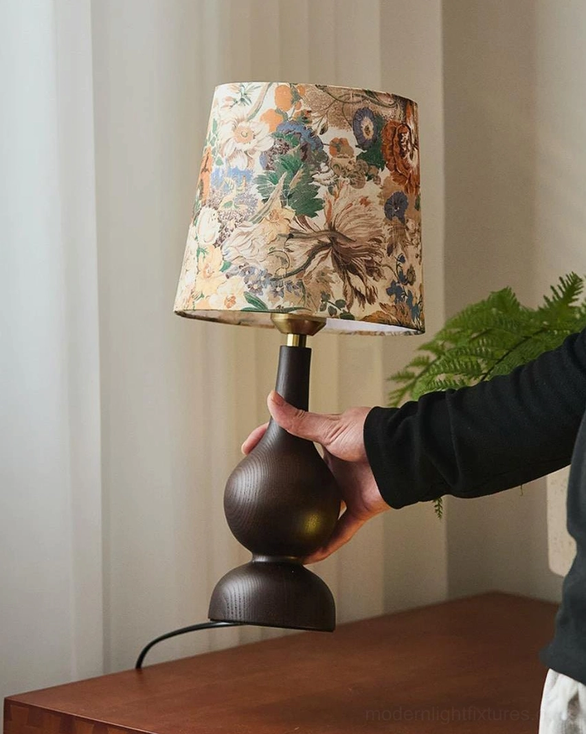 Rosmira mid-century modern table lamp with green checkered fabric shade, full product view with warm bulb included