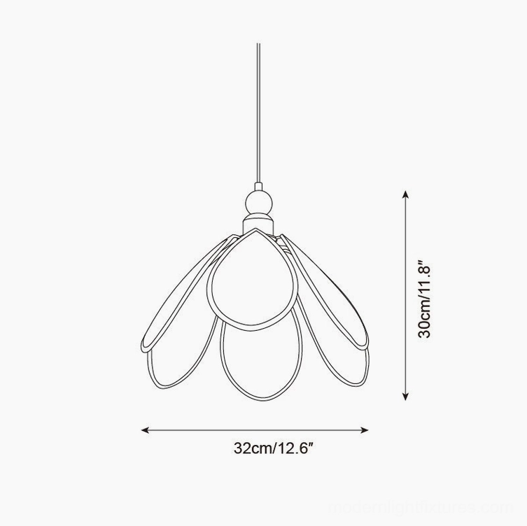 Rosmira Model A pendant light technical specifications, 32cm diameter x 30cm height, three-petal scalloped design documentation