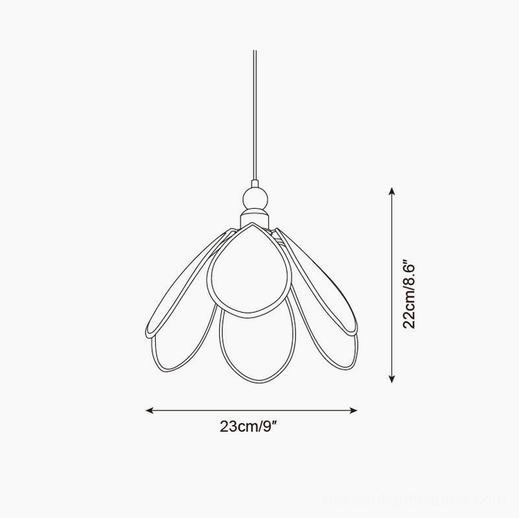 Rosmira Model A pendant light technical specifications line drawing, 23cm diameter x 22cm height, three-petal scalloped shade