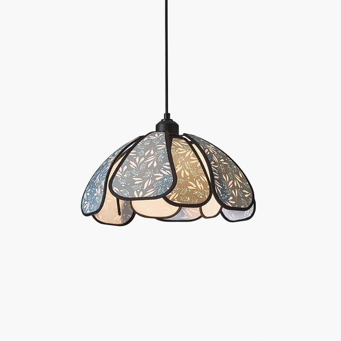 Rosmira Model B 40cm floral pendant light, mid-size scalloped shade in blue finish, modern room ambiance