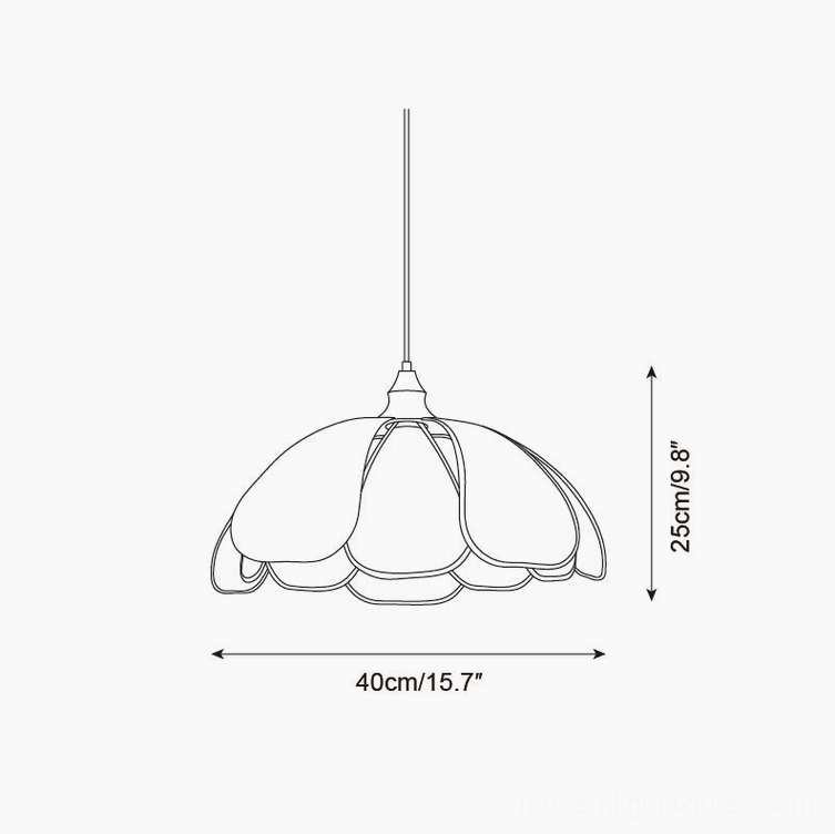 Rosmira Model B large floral pendant light technical drawing, 40cm diameter x 25cm height, multi-petal scalloped shade